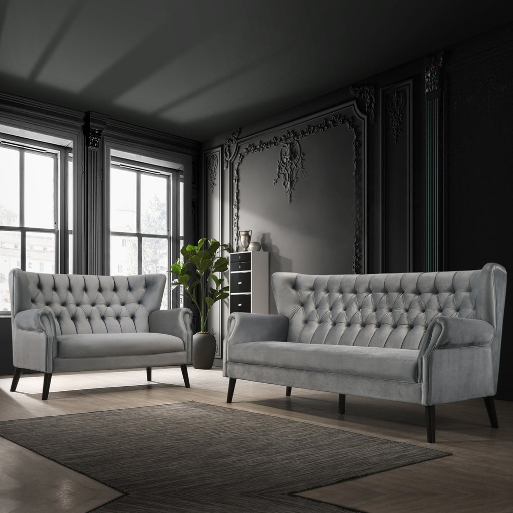 Lydia 2+3 Seater Sofa Set High Back Velvet Fabric in Light Grey Colour
