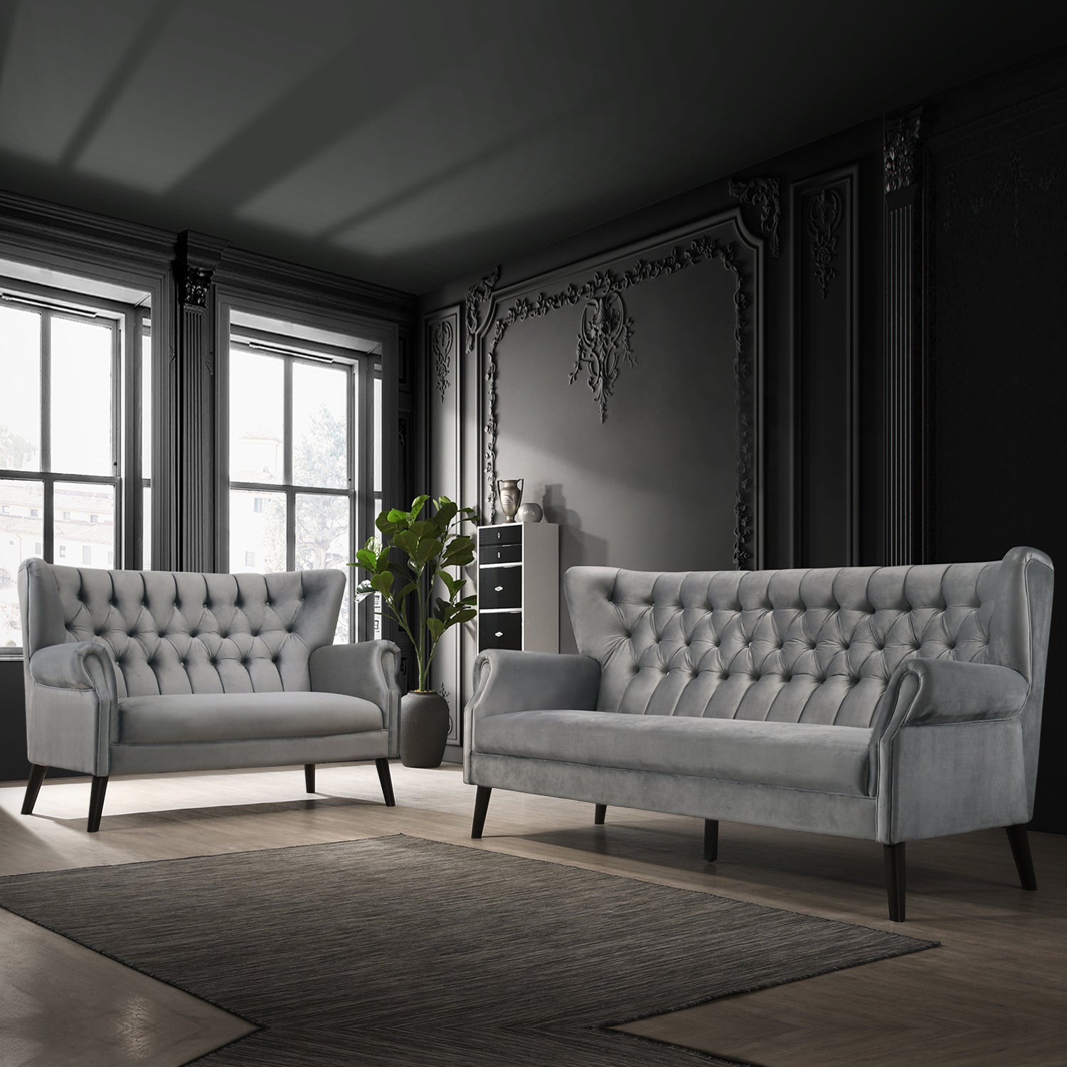 Lydia 2+3 Seater Sofa Set High Back Velvet Fabric in Light Grey Colour