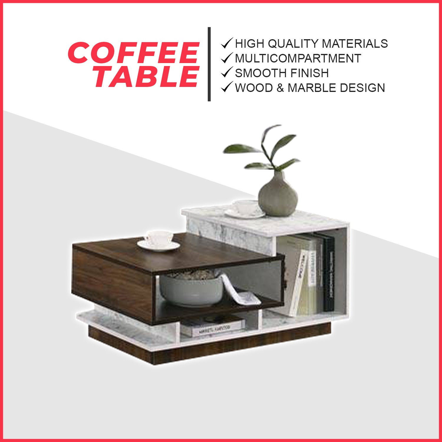 Kayo Coffee Table Modern Style Wood & Marble Design Living Room Furniture