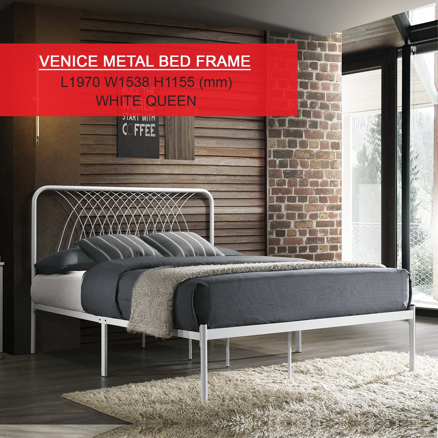 Venice Single & Queen Metal Bed Frame Powder Coated in 2 Colors