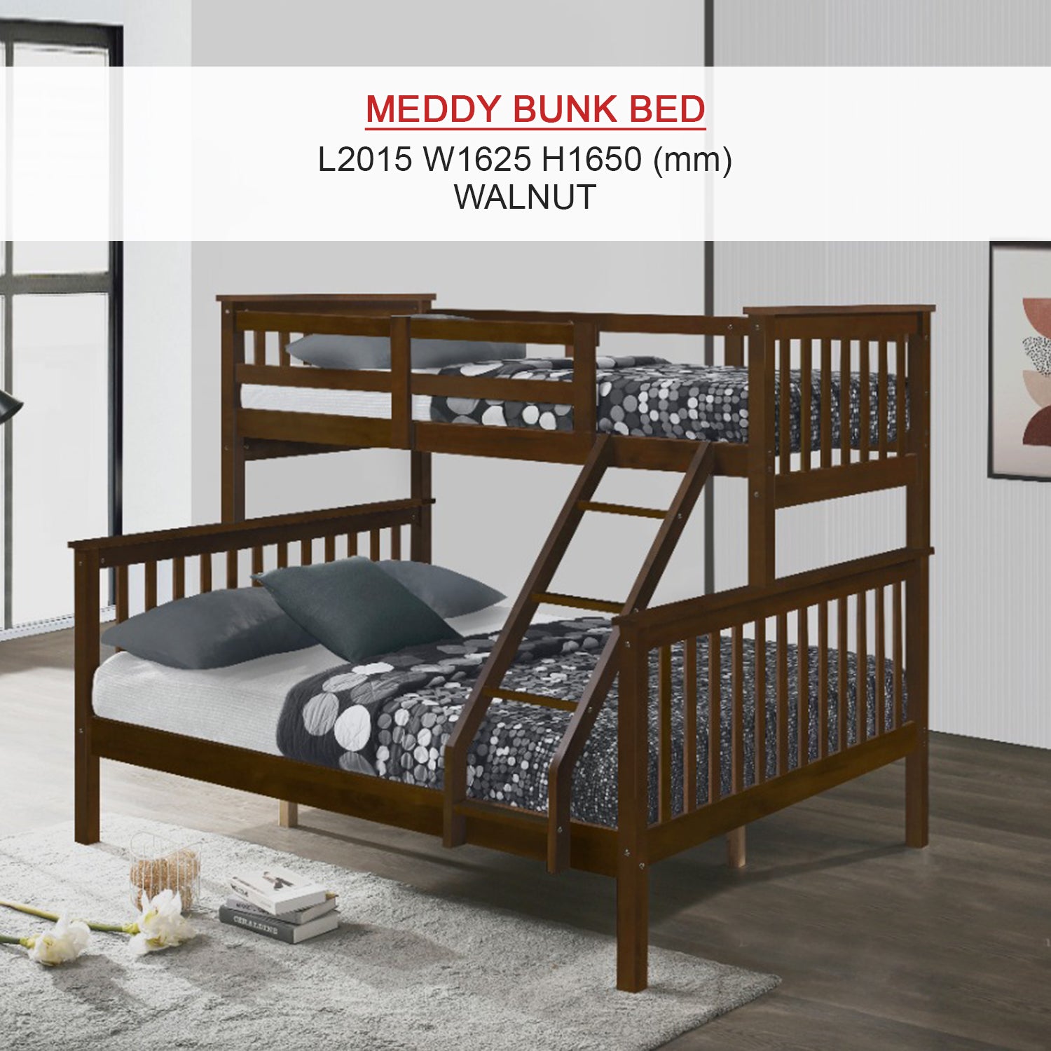 Meddy Solid Wood Bunk Bed Frame in White & Walnut with Mattress Option