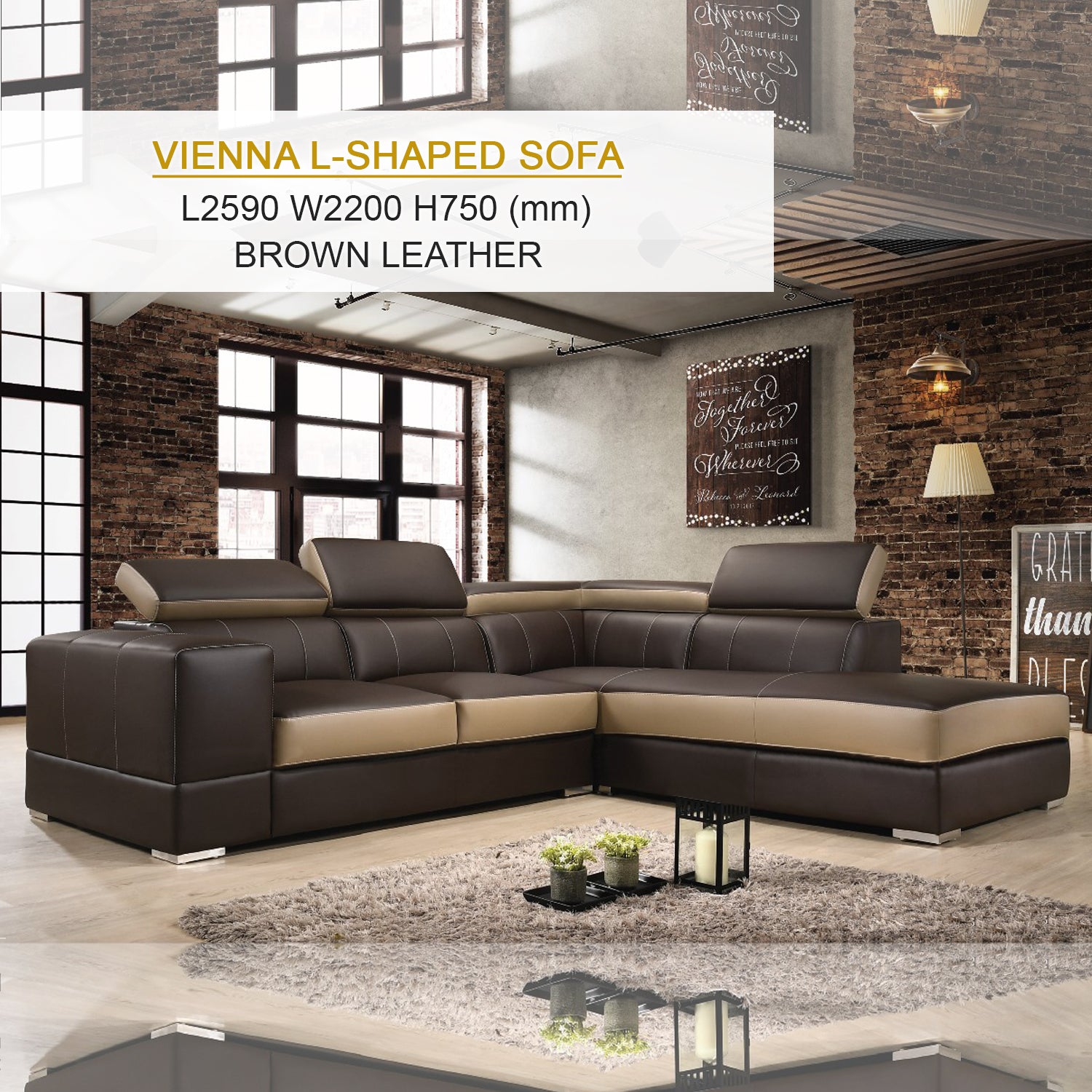 Vienna L-Shaped Sofa with Metal Legs in 2 Colours Fabric and Nova Leather