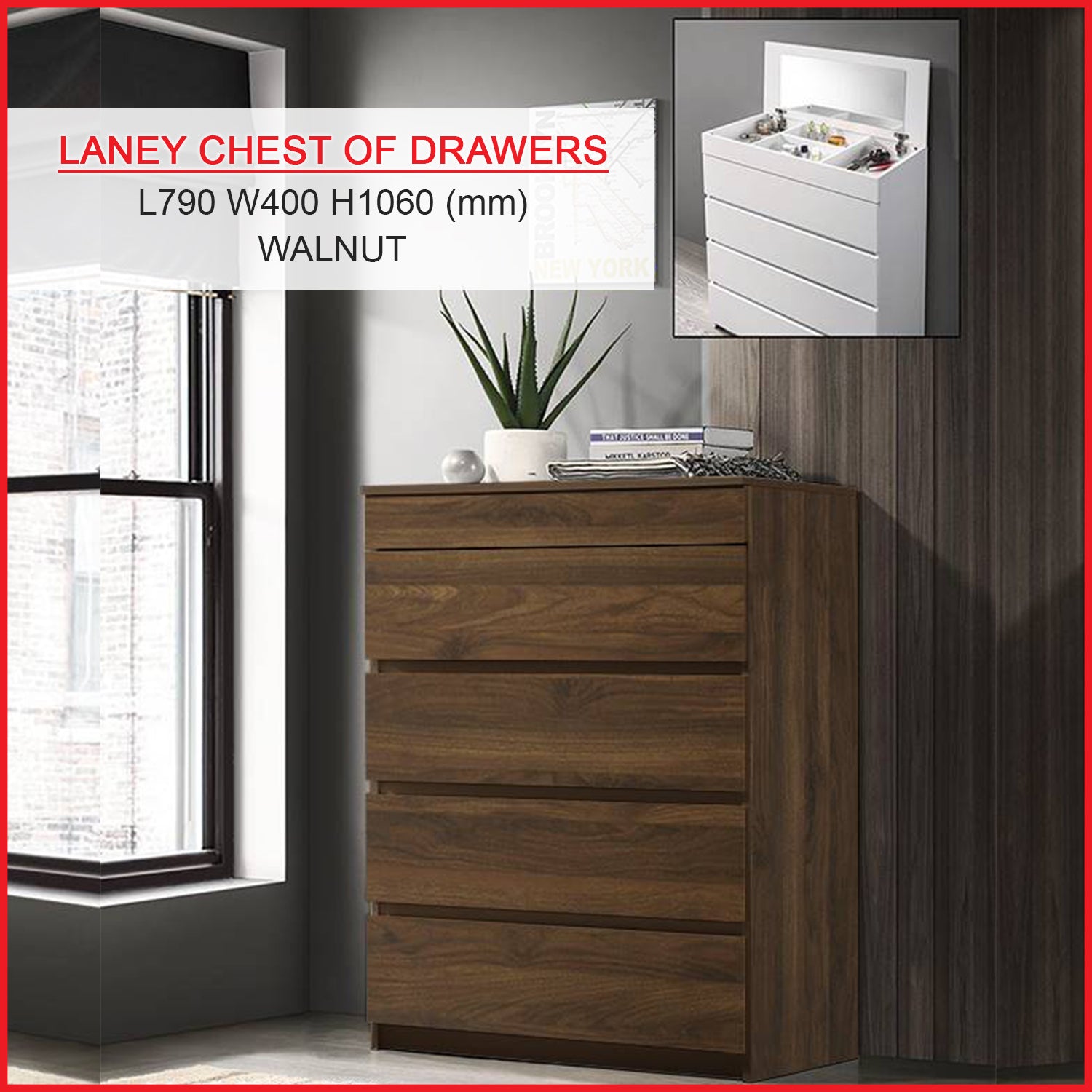 Laney 4 Chest of Drawers with Mirror and Cosmetics Compartment in 3 Colours