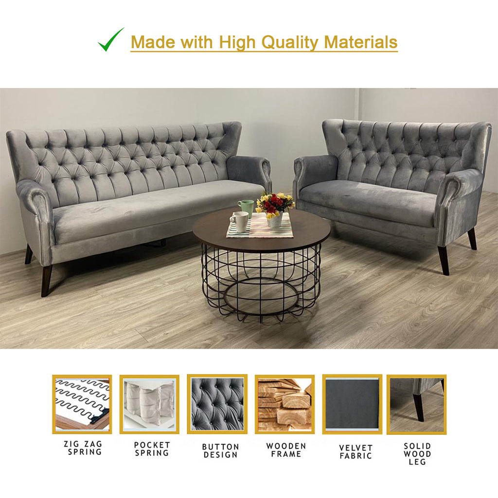 Lydia 2+3 Seater Sofa Set High Back Velvet Fabric in Light Grey Colour