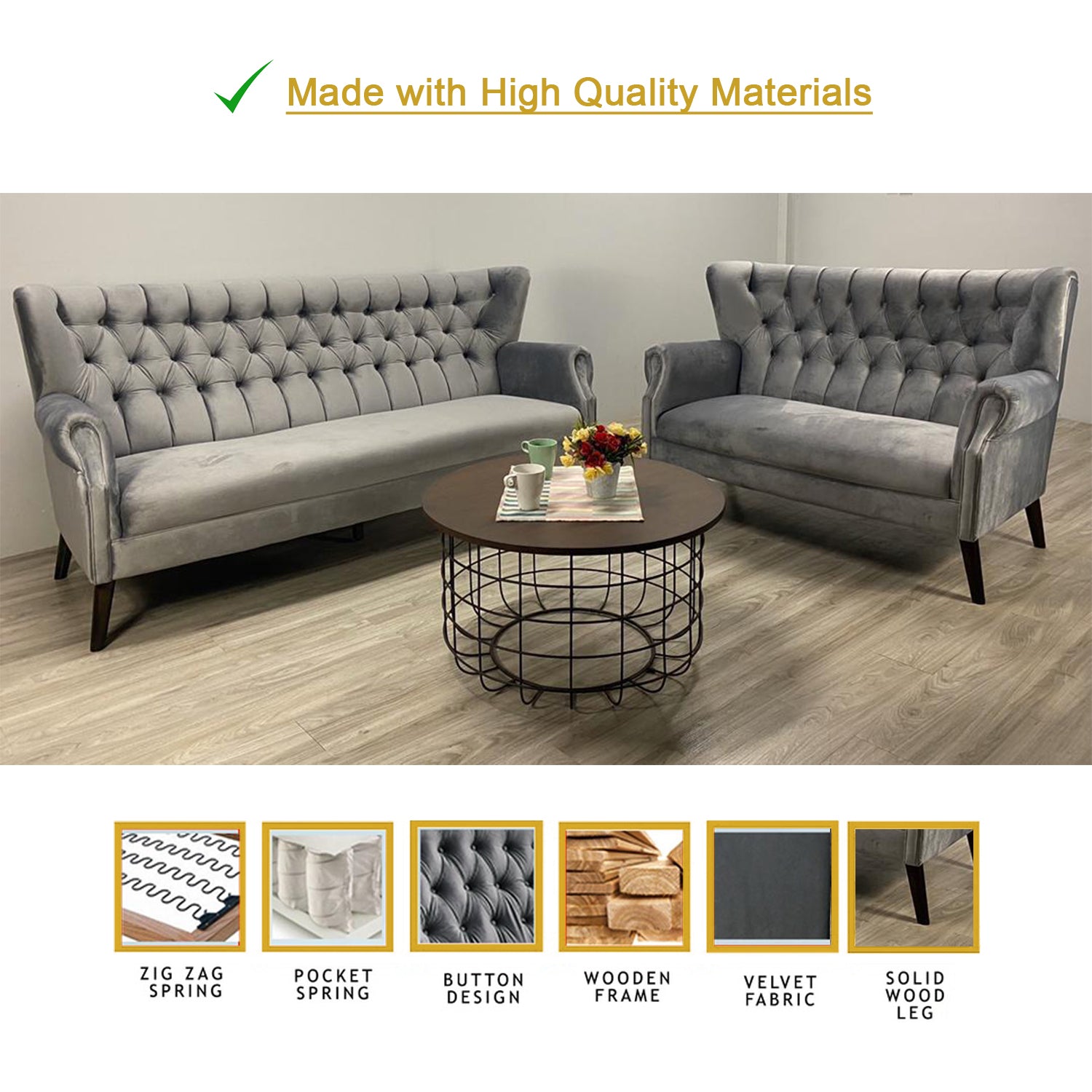 Lydia 2+3 Seater Sofa Set High Back Velvet Fabric in Light Grey Colour