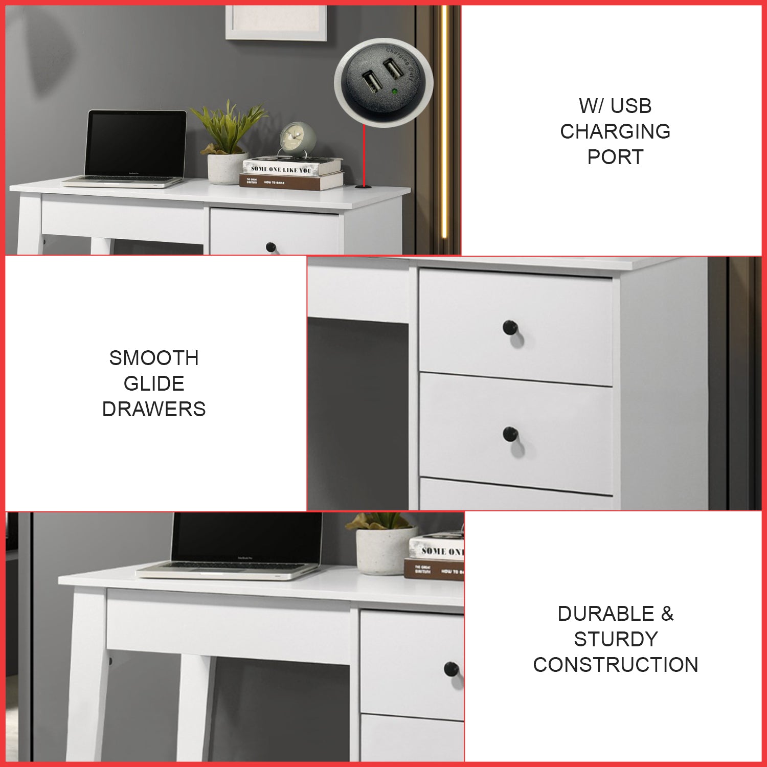 Nicole Writing Study Computer Table with USB Charging Port in White Colour
