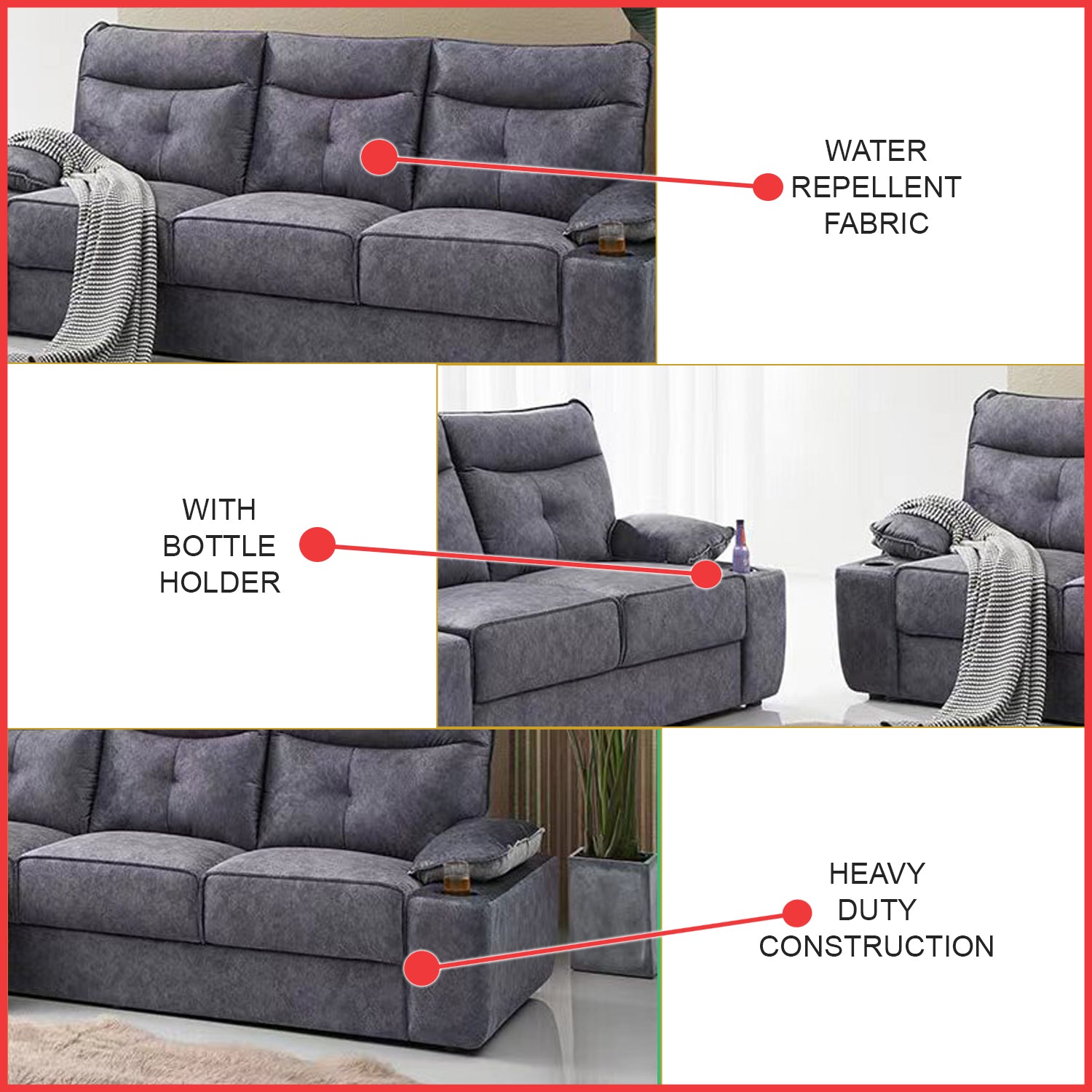 Cheska Series 2-Seater + 3-Seater Sofa Set w/ Bottle Holder Premium Water Repellent Fabric in Grey