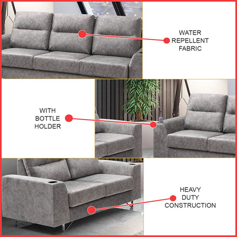 Image of Fellie Series 2-Seater + 3-Seater Sofa Set w/ Bottle Holder Premium Water Repellent Fabric in Grey