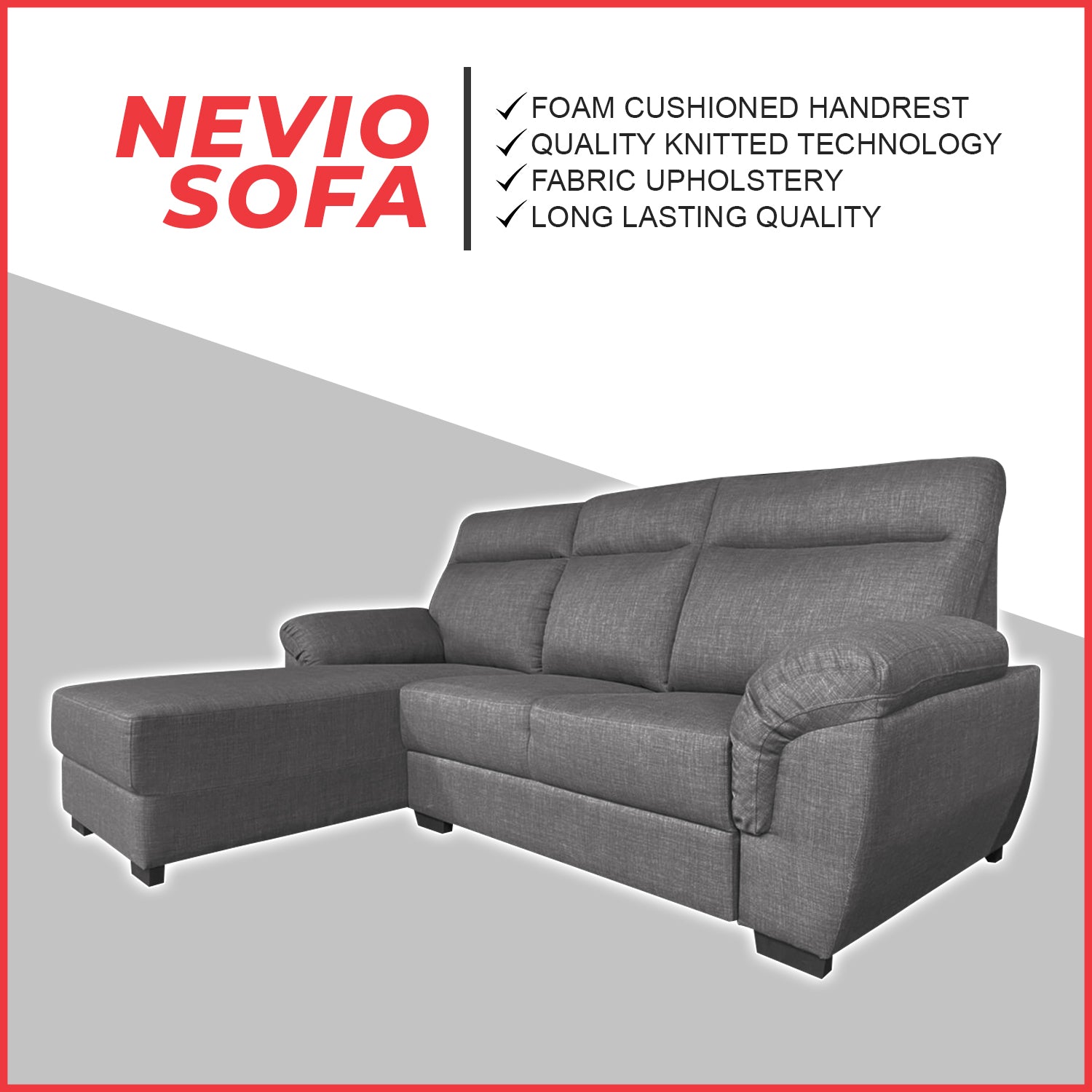 Nevio L-Shaped Fabric Sofa Premium Webbing w/ Zigzag Spring in Grey