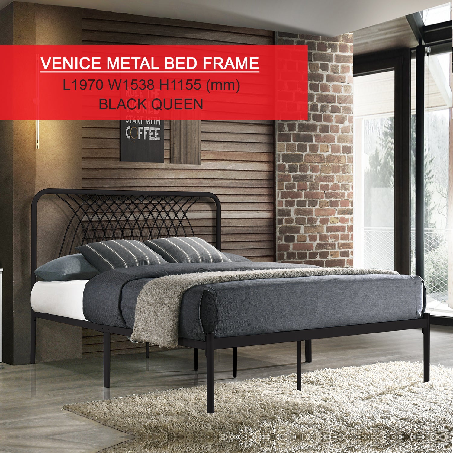 Venice Single & Queen Metal Bed Frame Powder Coated in 2 Colors