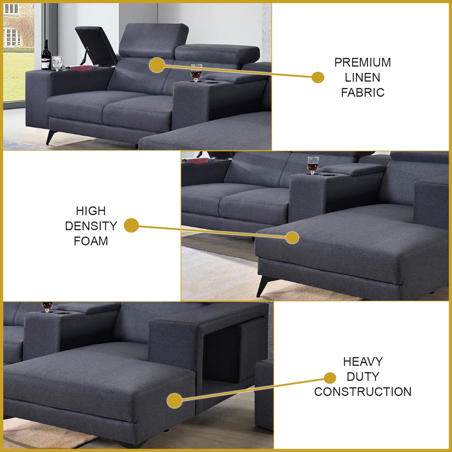 Zeran L-Shaped Sofa with Stool and Storage Upholstered In Premium Grey Color Linen Fabric