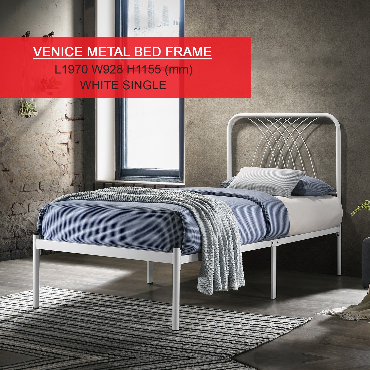 Venice Single & Queen Metal Bed Frame Powder Coated in 2 Colors