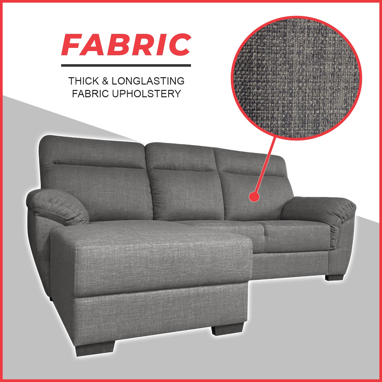 Nevio L-Shaped Fabric Sofa Premium Webbing w/ Zigzag Spring in Grey