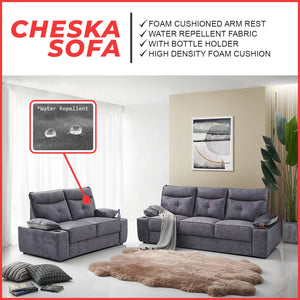 Cheska Series 2-Seater + 3-Seater Sofa Set w/ Bottle Holder Premium Water Repellent Fabric in Grey