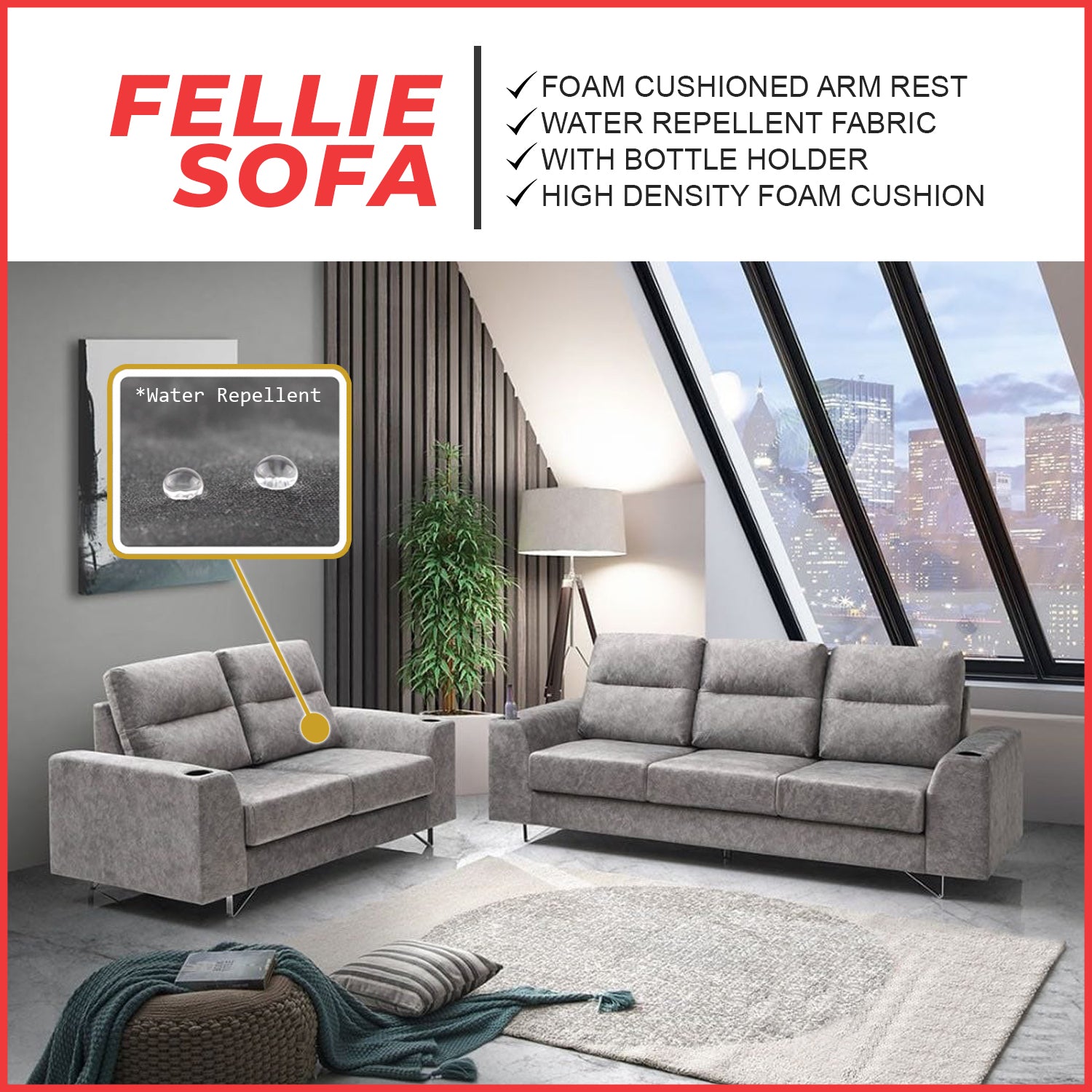 Fellie Series 2/3-Seater Sofa Set w/ Bottle Holder - Pet-Friendly Material Option