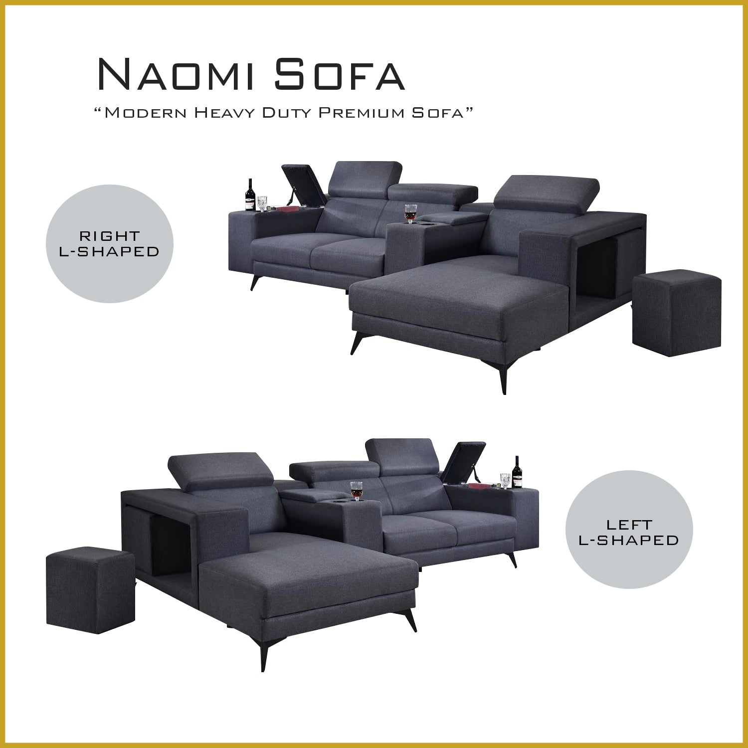 Zeran L-Shaped Sofa with Stool and Storage Upholstered In Premium Grey Color Linen Fabric