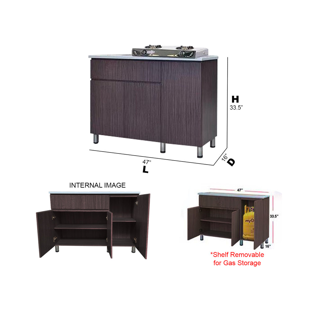 Everly 3 Door Walnut Kitchen Cabinet Ceramic Tile Top with Gas Cabinet