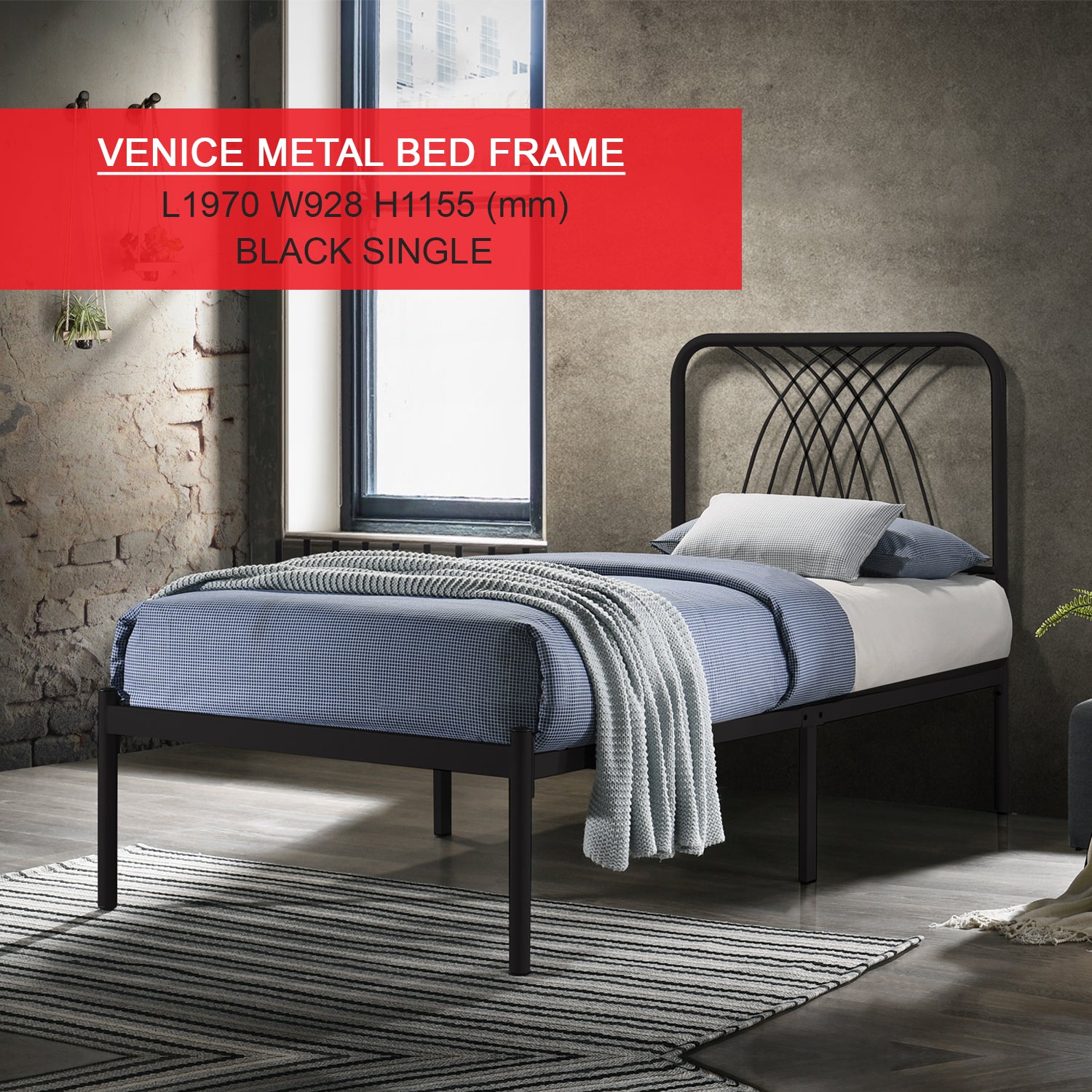 Venice Single & Queen Metal Bed Frame Powder Coated in 2 Colors