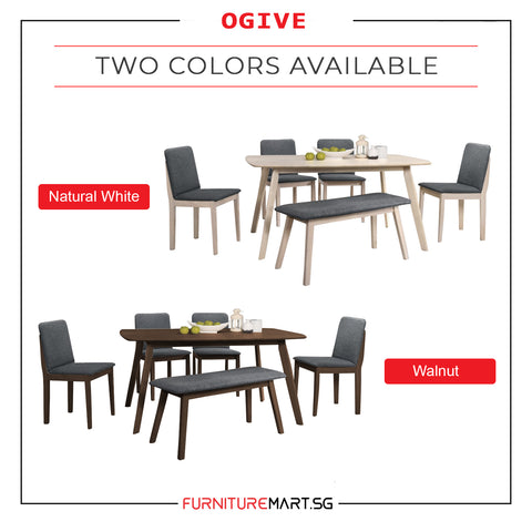 OGIVE 1+4 Dining Set Table with Chair & Bench in Natural White & Walnut Color