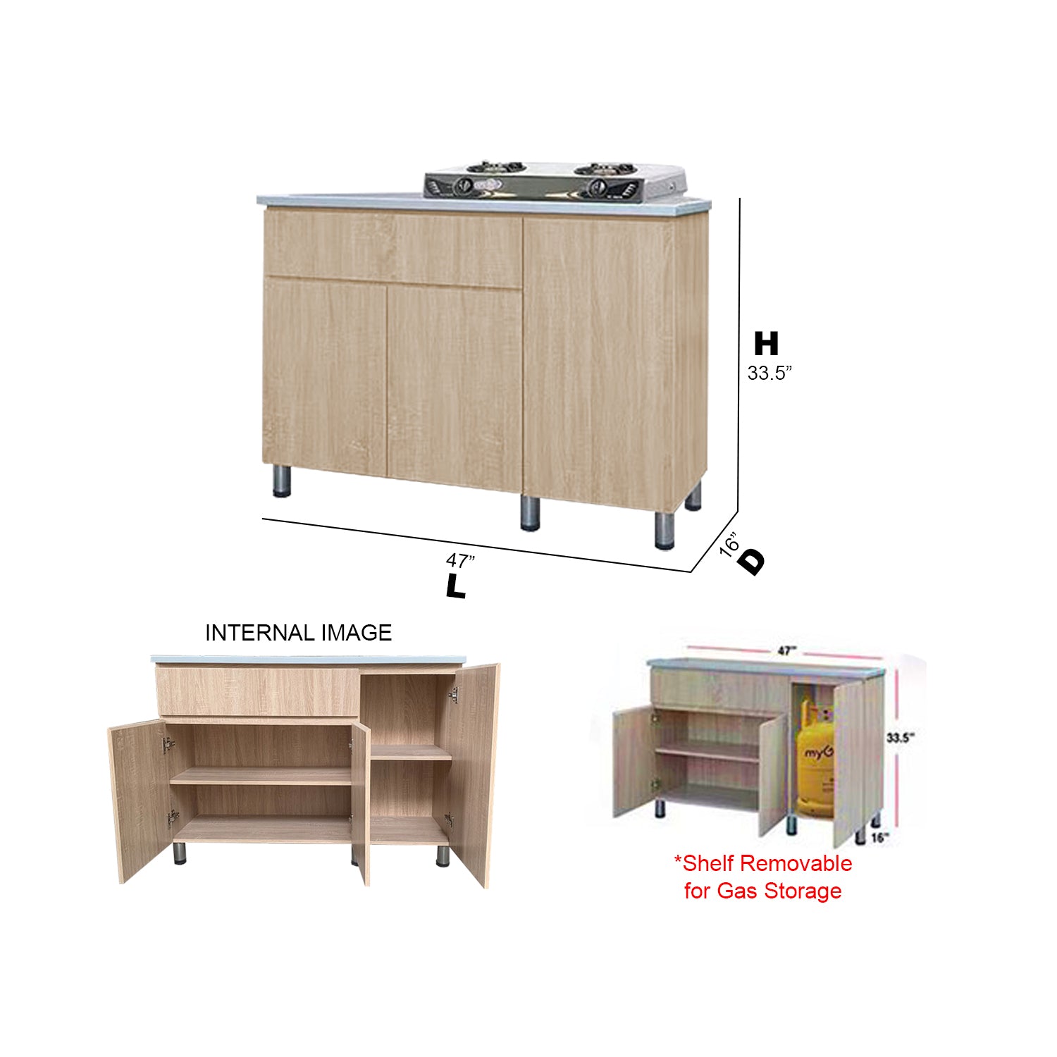 Everly 3 Door Natural Kitchen Cabinet Ceramic Tile Top with Gas Cabinet