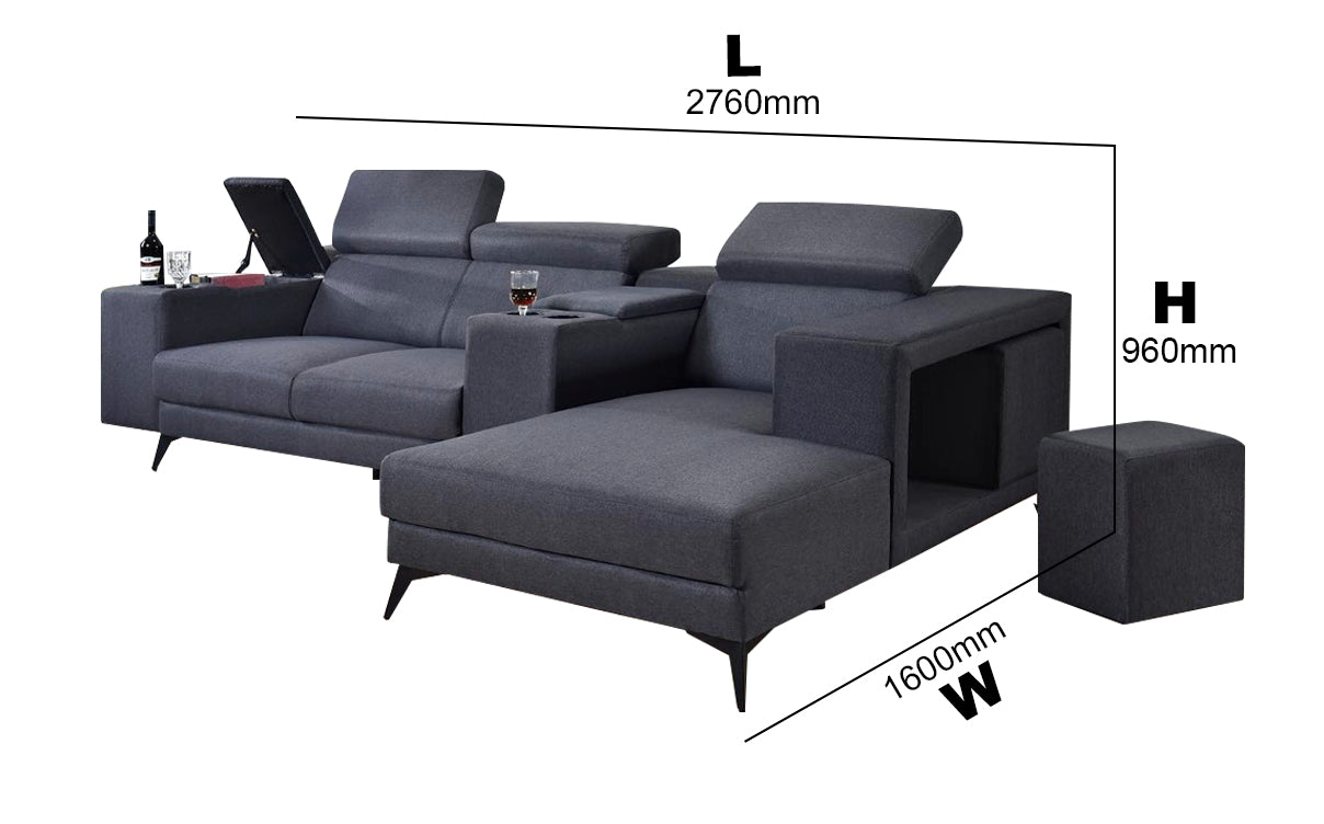 Zeran L-Shaped Sofa with Stool and Storage Upholstered In Premium Grey Color Linen Fabric