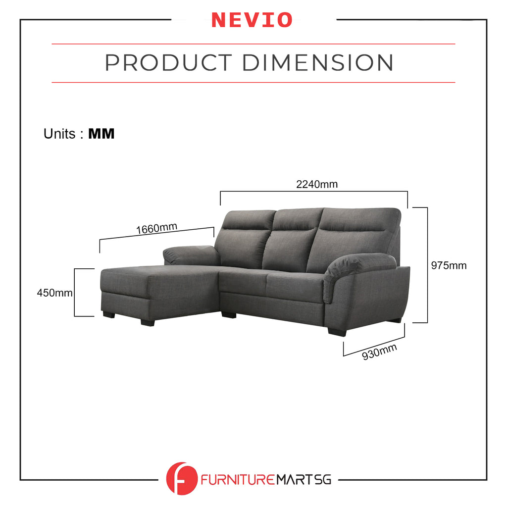 Nevio L-Shaped Fabric Sofa Premium Webbing w/ Zigzag Spring in Grey