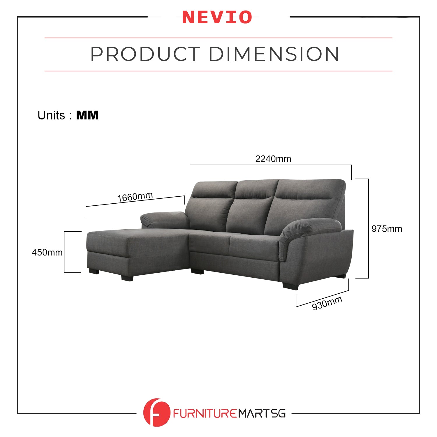 Nevio L-Shaped Fabric Sofa Premium Webbing w/ Zigzag Spring in Grey