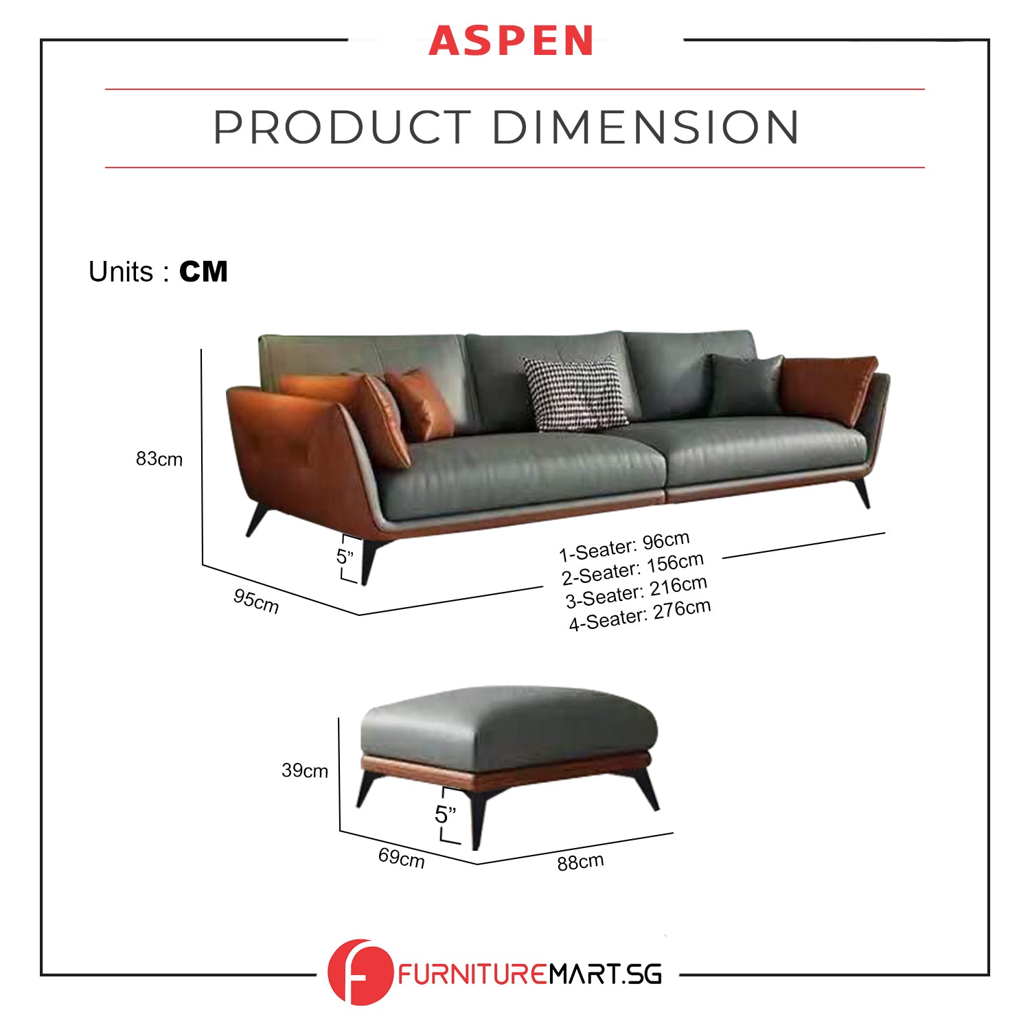 Aspen 1/2/3/4 Seater Fabric / Faux Leather Sofa with Ottoman in 8 Colors
