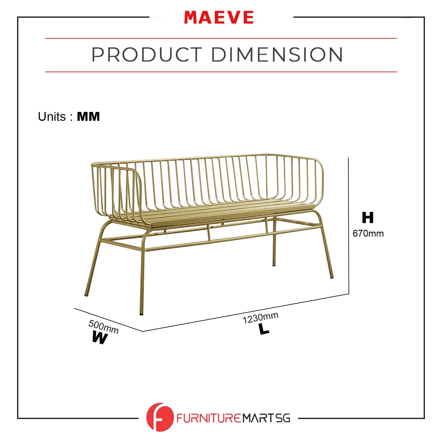 Maeve Series Top Quality Metal Bench in Black and Gold Color