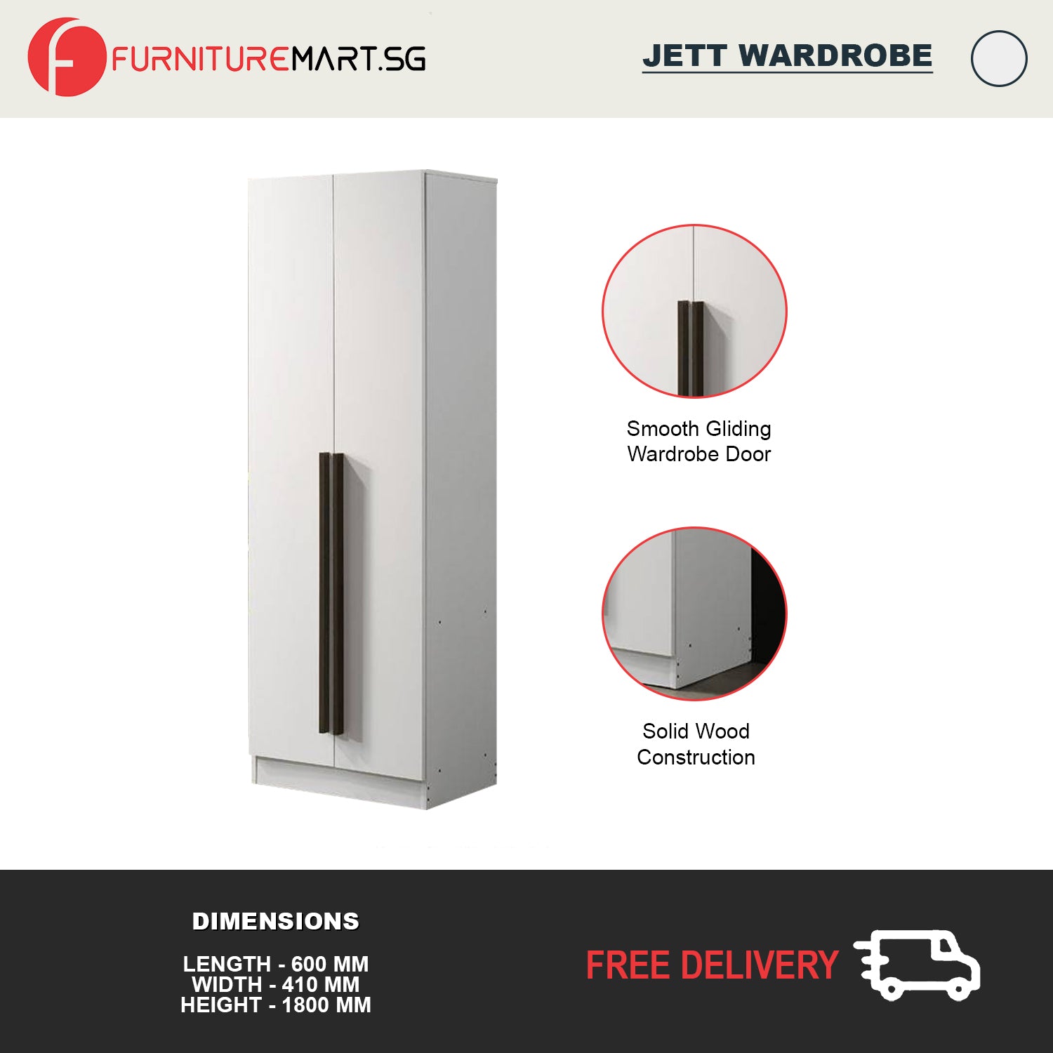 Jett 2-Door Wardrobe Swing Door In White Colour