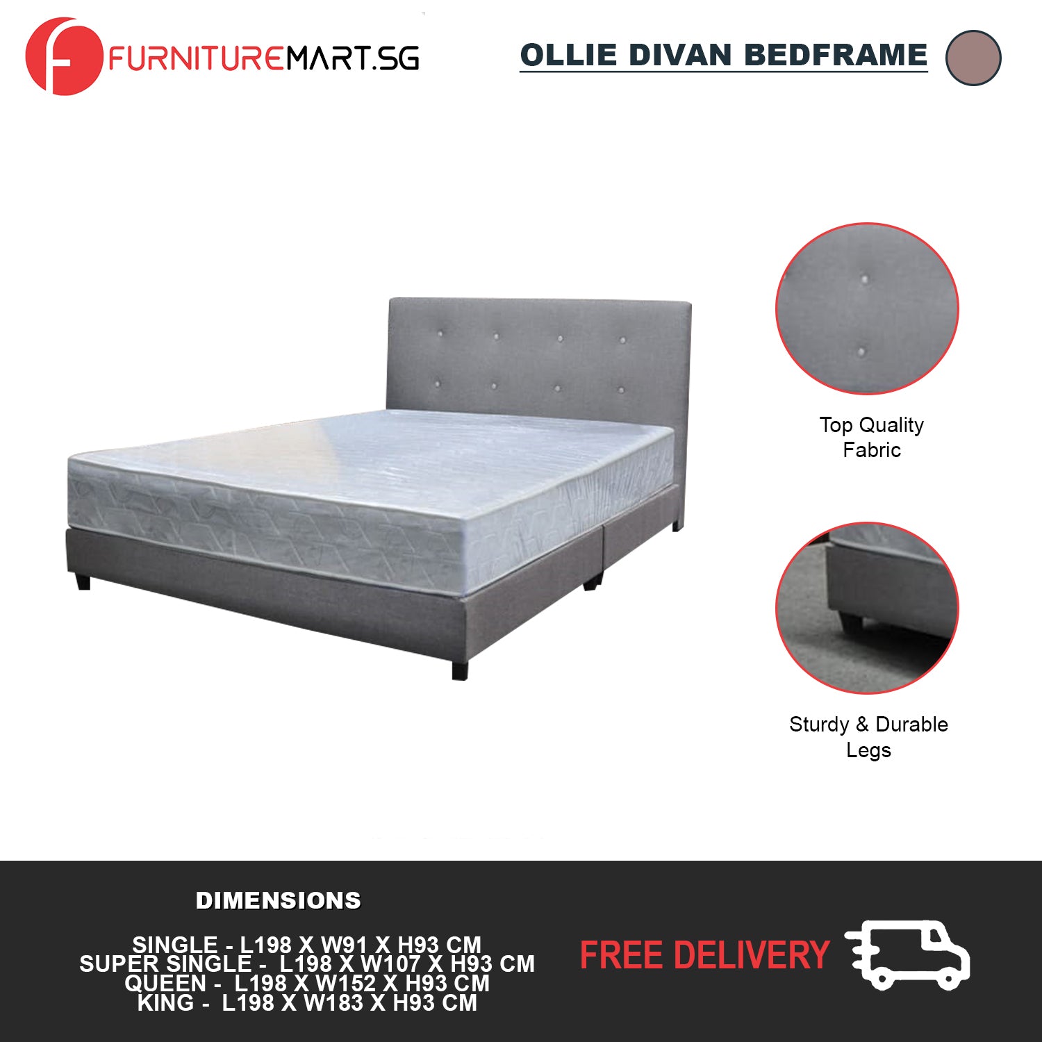 Ollie Fabric Divan Bed Frame With Mattress Package - All Sizes Available