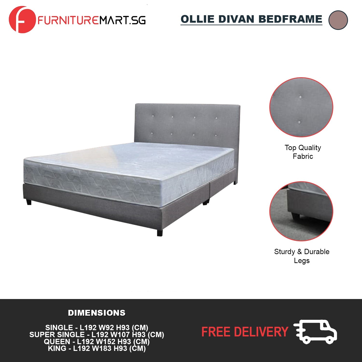 Ollie Fabric Divan Bed Frame With 10" Orthocoil Posture Plus Euro-Top Mattress - All Sizes Available