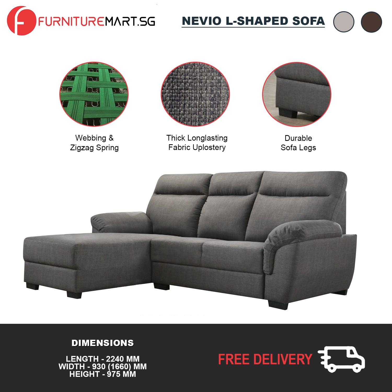 Nevio L-Shaped Fabric Sofa Premium Webbing w/ Zigzag Spring in Grey