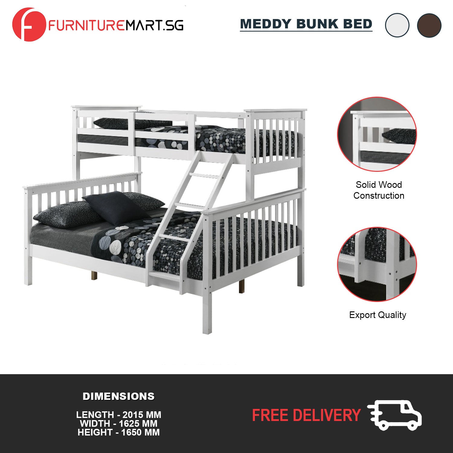 Meddy Solid Wood Bunk Bed Frame in White & Walnut with Mattress Option