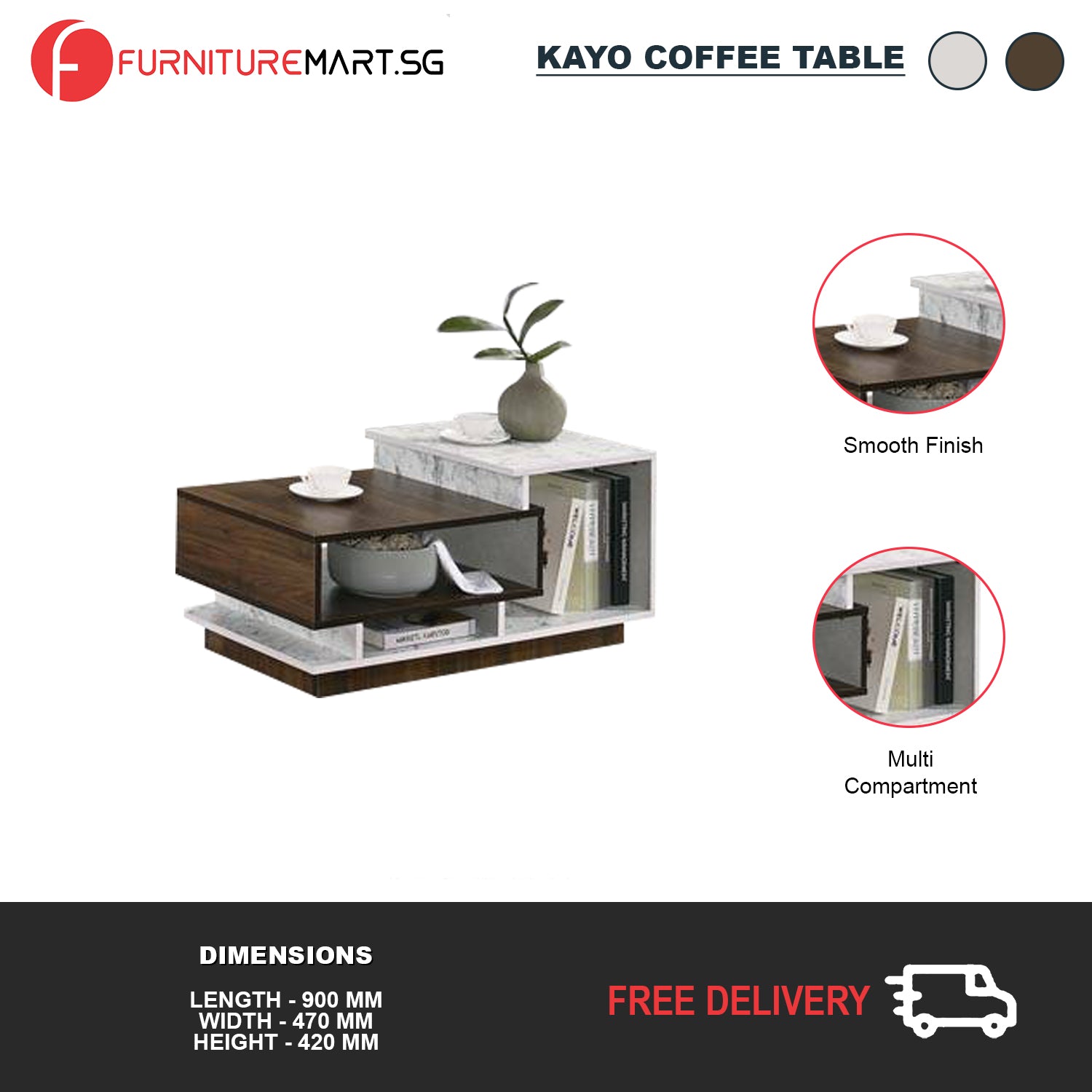 Kayo Coffee Table Modern Style Wood & Marble Design Living Room Furniture
