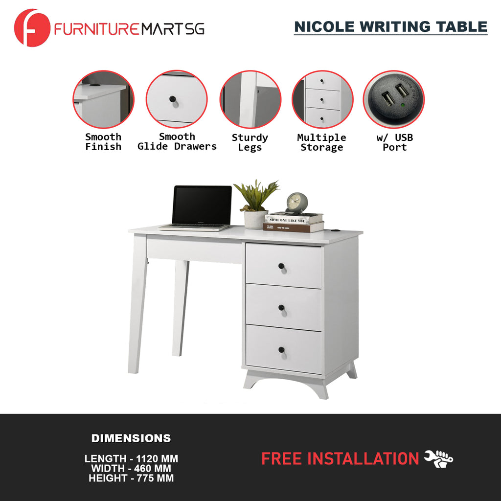 Nicole Writing Study Computer Table with USB Charging Port in White Colour