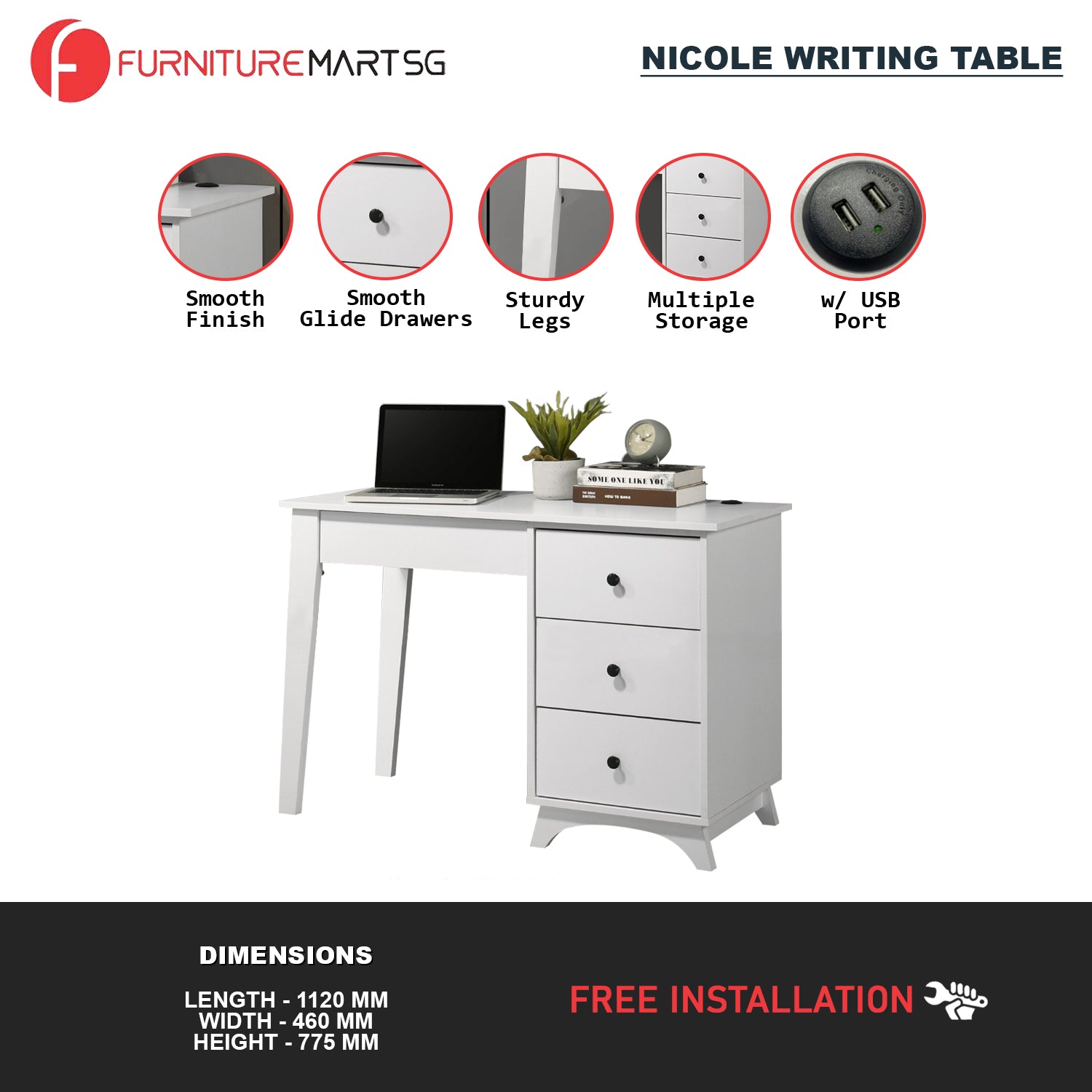 Nicole Writing Study Computer Table with USB Charging Port in White Colour