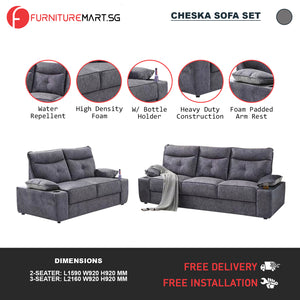 Cheska Series 2-Seater + 3-Seater Sofa Set w/ Bottle Holder Premium Water Repellent Fabric in Grey