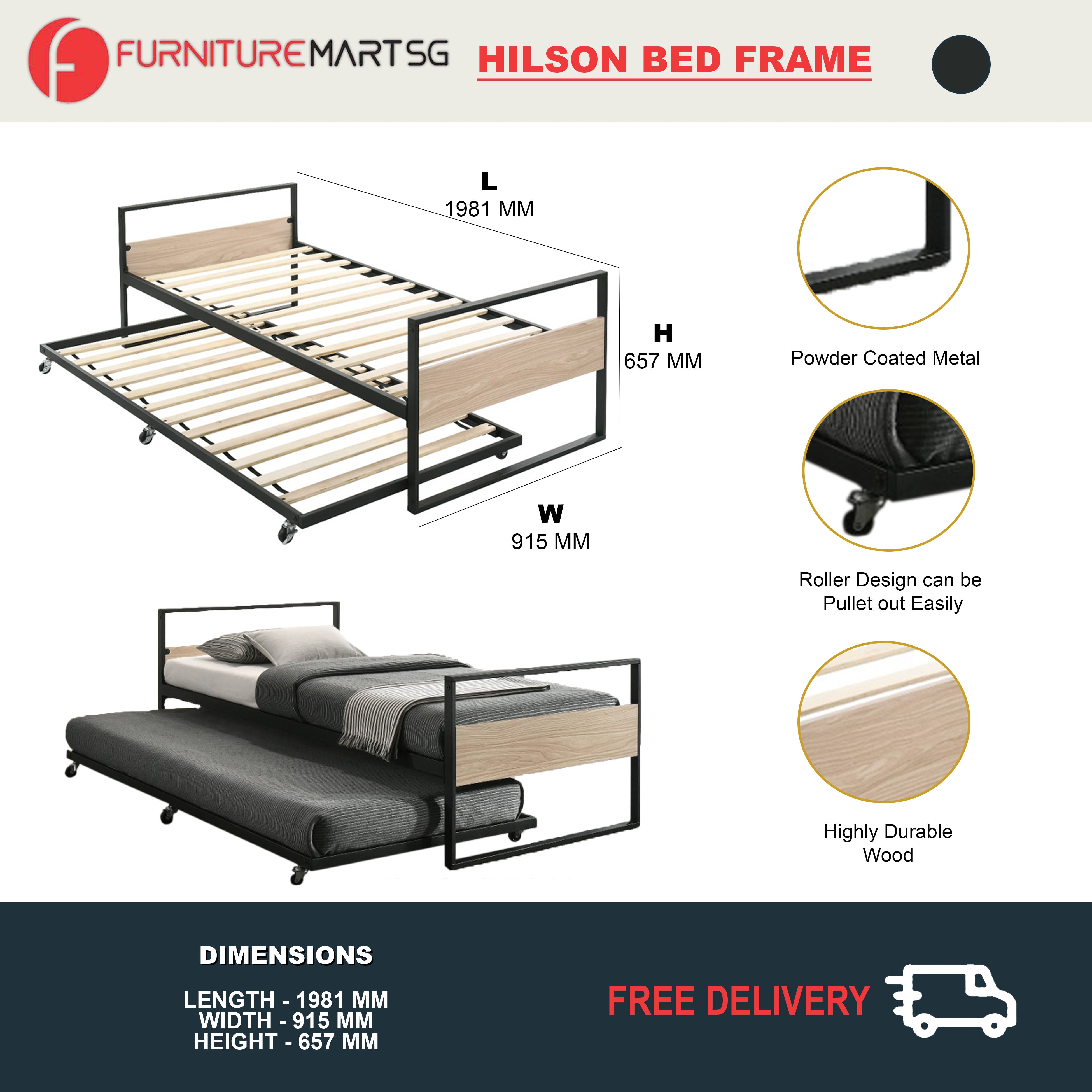 Hilson Single Bed Frame with Pull Out Bed. Add On Mattress Available.