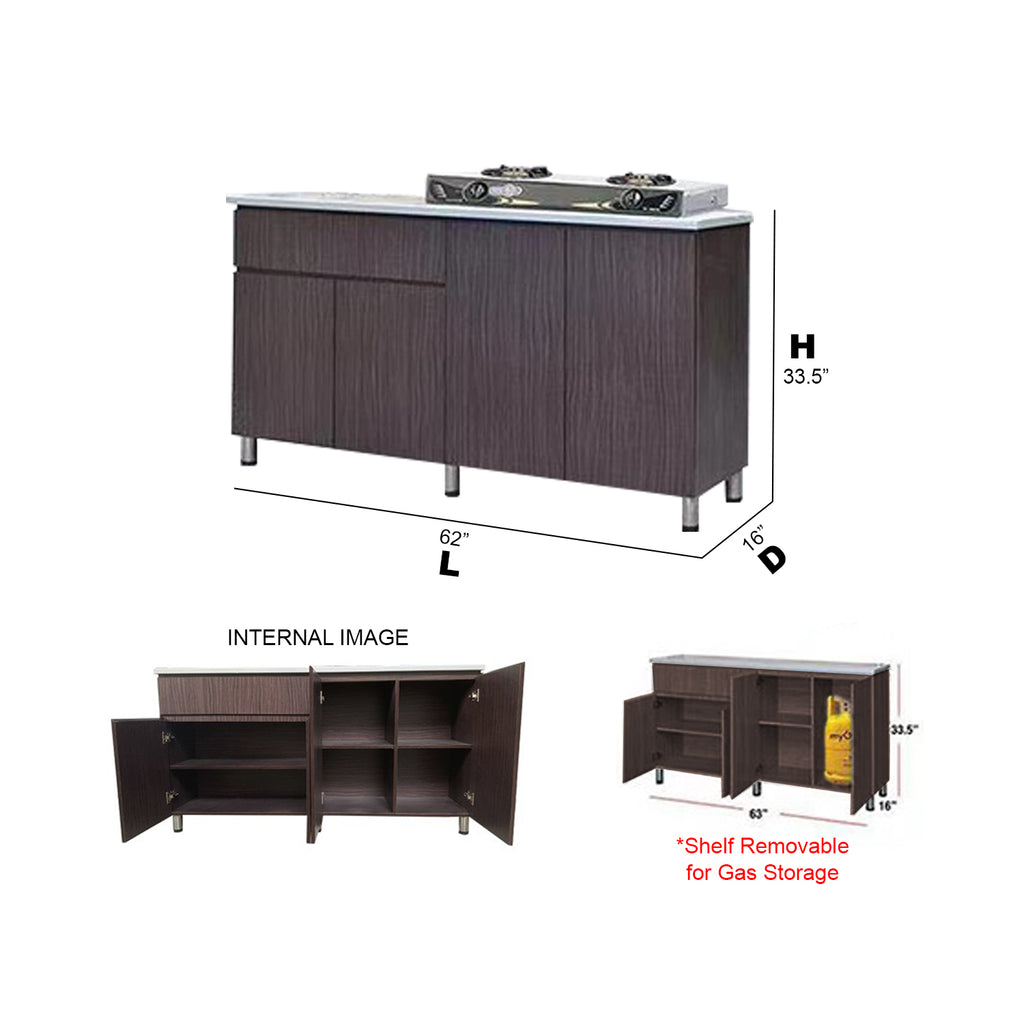 Everly 4 Door Walnut Kitchen Cabinet Ceramic Tile Top with Gas Cabinet