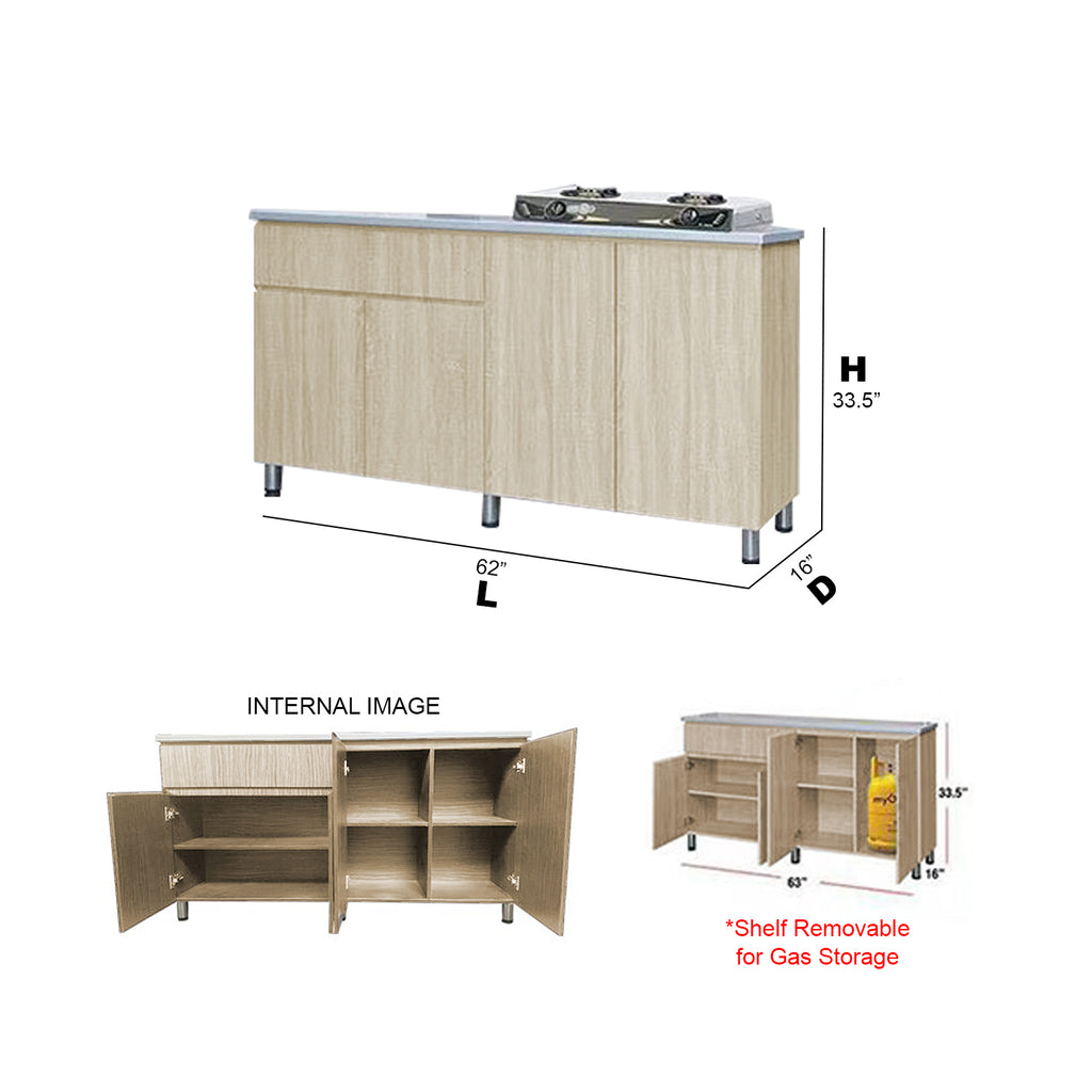 Everly 4 Door Natural Kitchen Cabinet Ceramic Tile Top with Gas Cabinet