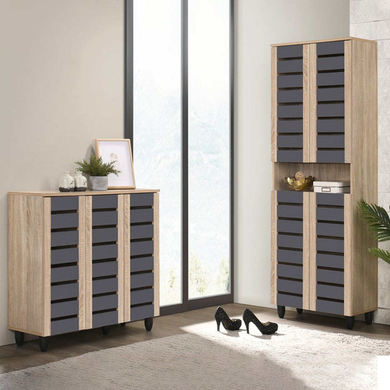 TORI 4-Door Shoe Cabinet Solid Board 8 Tier Shelving Free Ventilation