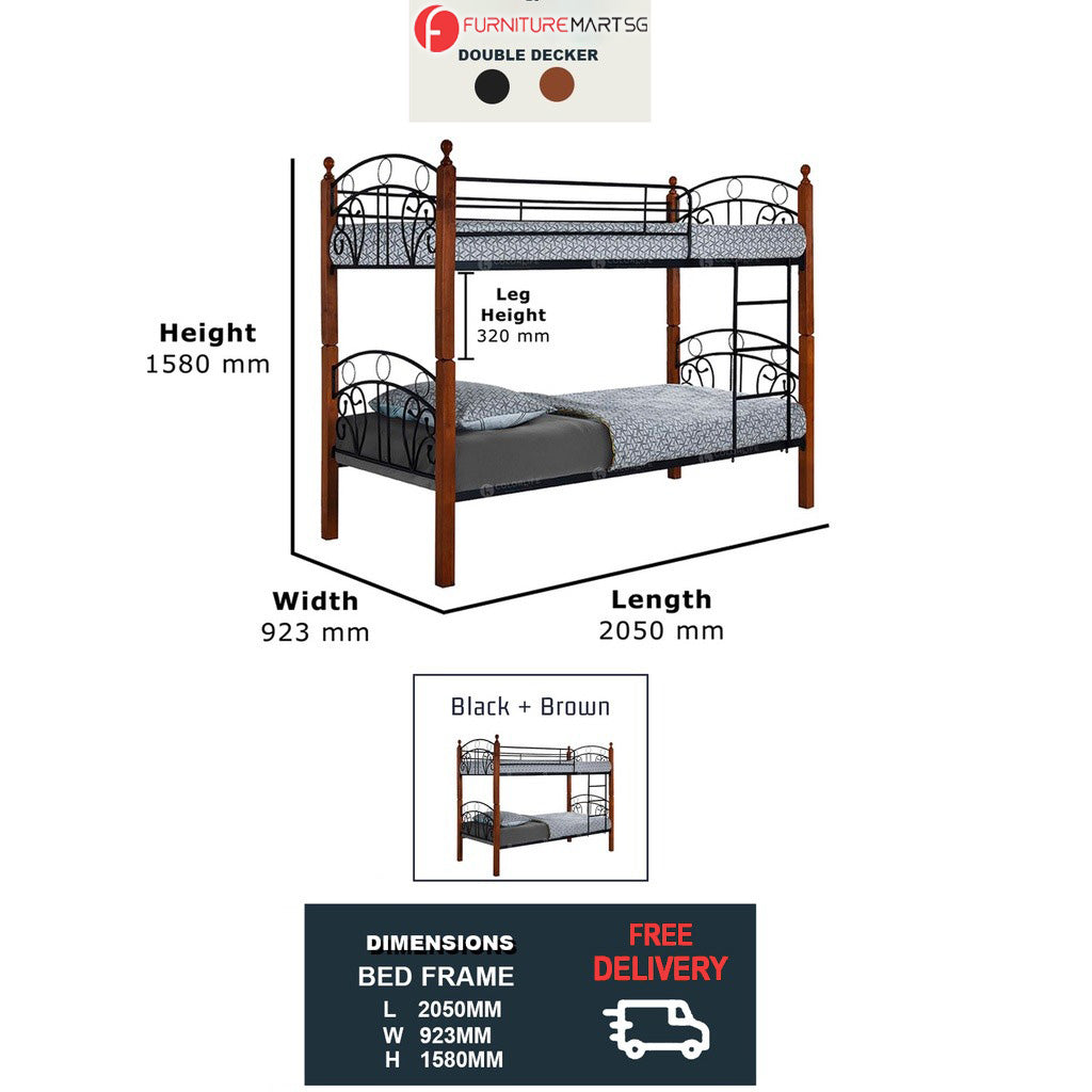 Orra Double Decker / Strong Metal Bar With Solid Wood / Splitable Bed / 1 Double Decker Convertible to 2 w/ Mattress Add On