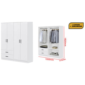 Cyprus Series 4 Door Wardrobe with 2 Drawers in Full White Colour