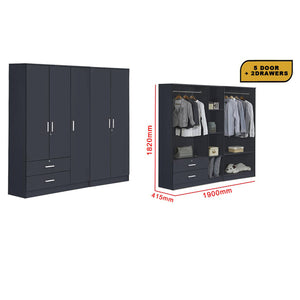 Panama Series 5 Door Wardrobe with 2 Drawers in Dark Grey Colour