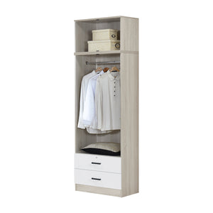 Poland Series 2 Door Wardrobe with Drawers and Top Cabinet in Natural & White Colour