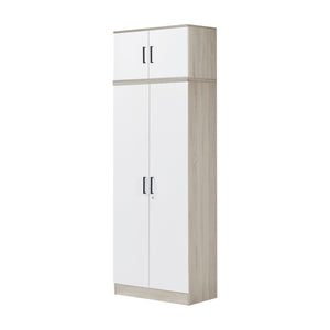 Poland Series 2 Door Tall Wardrobe with Top Cabinet in Natural & White Colour