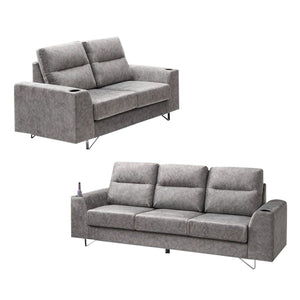Fellie Series 2-Seater + 3-Seater Sofa Set w/ Bottle Holder Premium Water Repellent Fabric in Grey