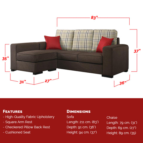 Image of Rowan 1/2/3 Seater Fabric Sofa With Chaise In Brown