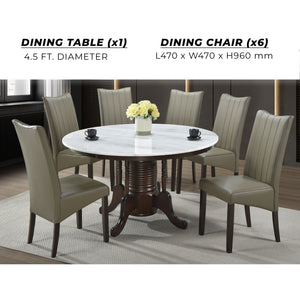 Saniti Series 1+6 Natural Marble Dining Set Table with Grey Leather Chair